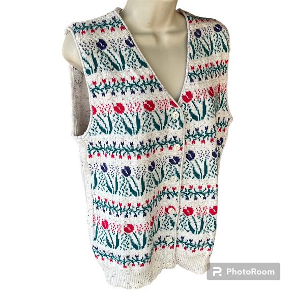 Northern Reflections Knit Sweater Vest Button Up Confetti Striped Floral Tulips - Picture 3 of 8